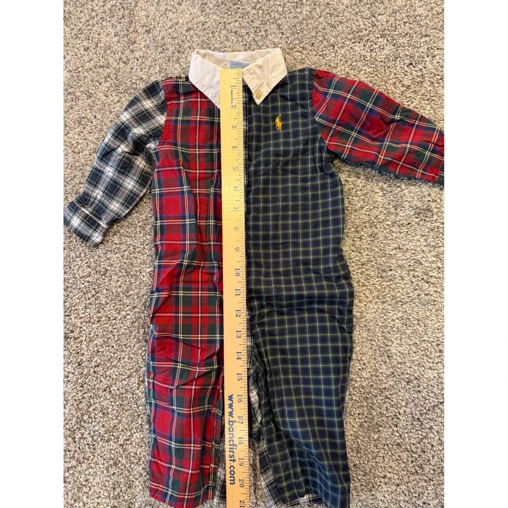 Ralph Lauren Romper Boys 9M Multi Plaid Patchwork Long Sleeve Button Down Pony